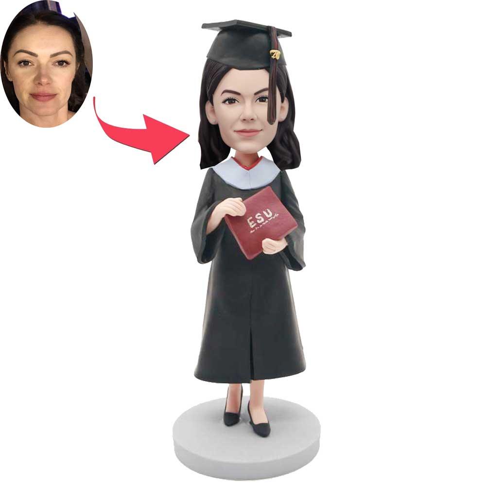 Custom Female Graduation Bobbleheads In Black Gown Holding A Diploma