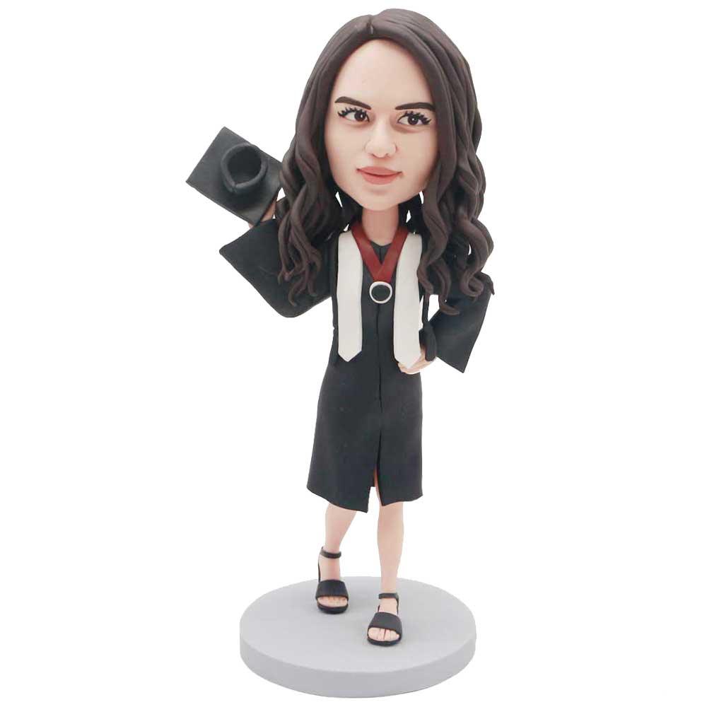 Custom Female Graduation Bobbleheads In Black Gown With A Mortarboard