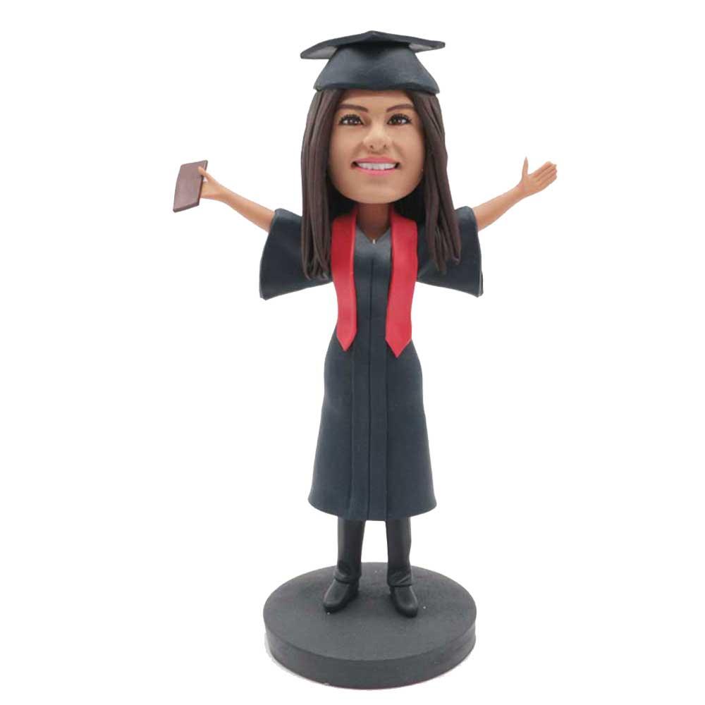 Custom Female Graduation Bobbleheads In Black Gown With Red Ribbons