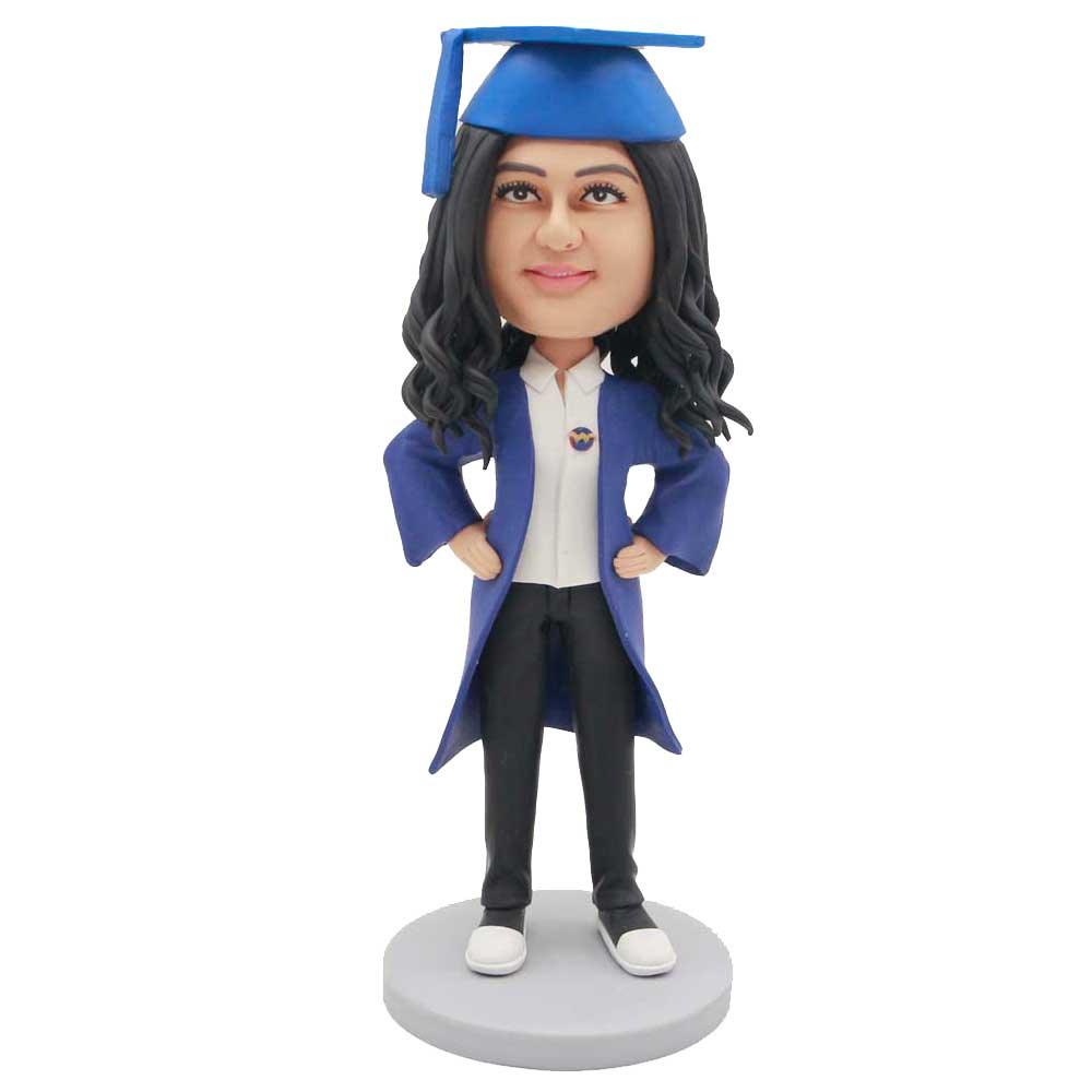 Custom Female Graduation Bobbleheads In Dark Blue Gown