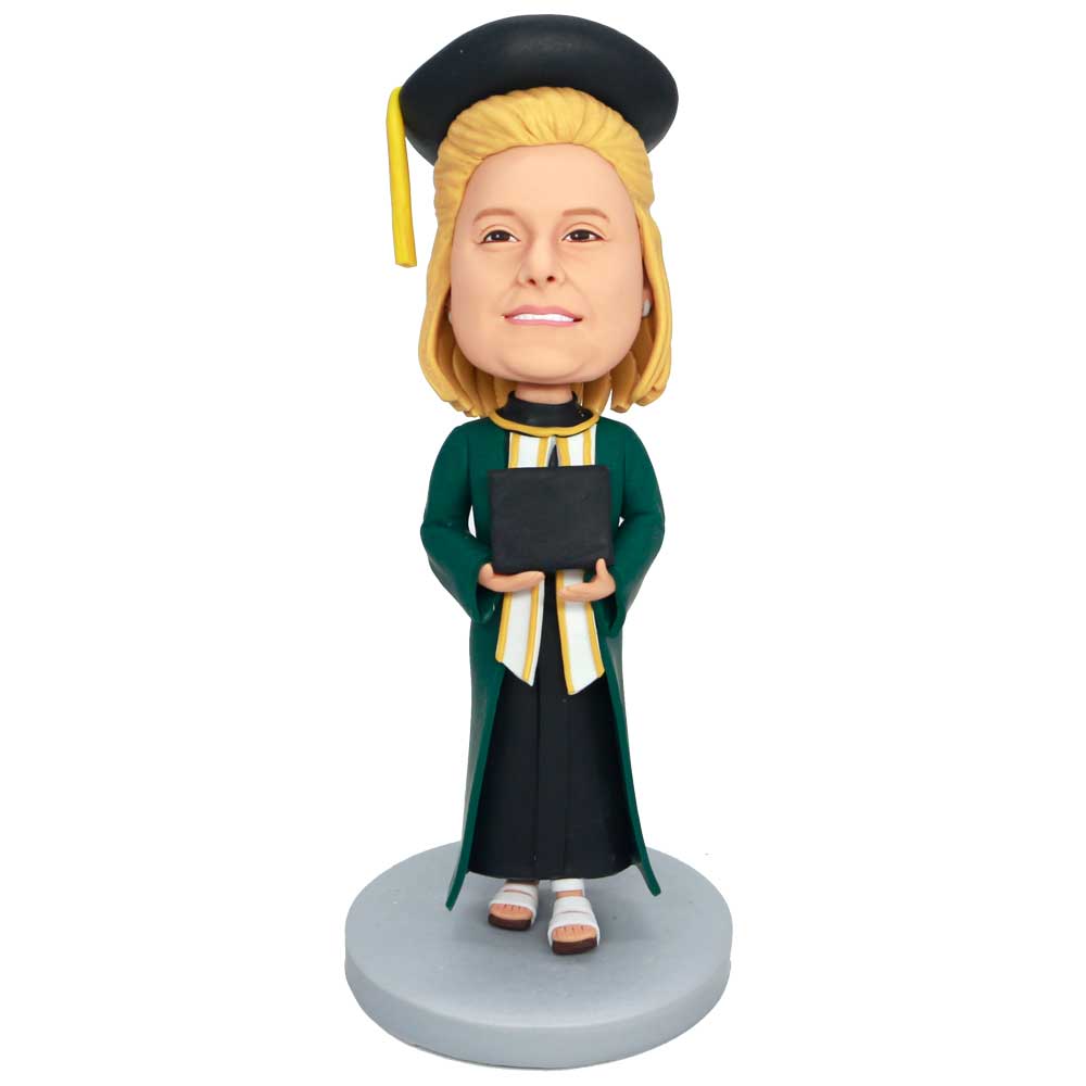 Custom Female Graduation Bobbleheads In Dark Green Gown Holding Diploma