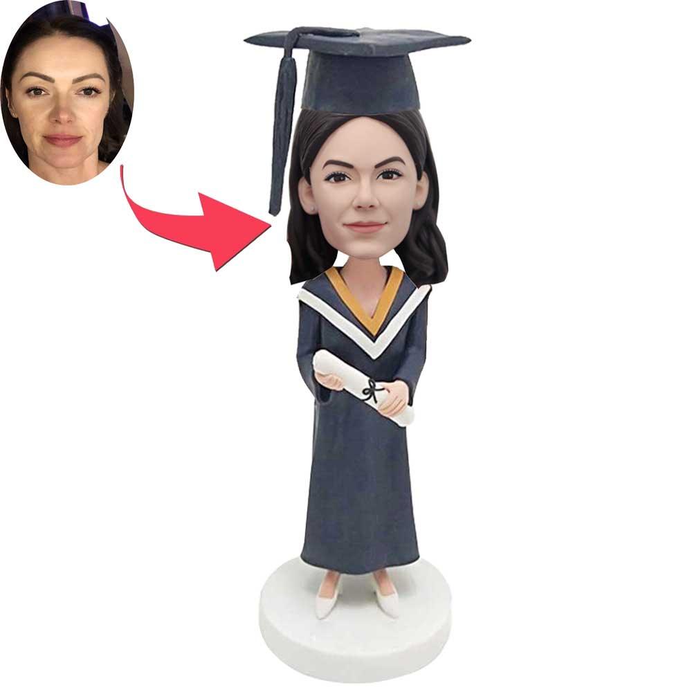 Custom Female Graduation Bobbleheads In Gown And Holding A Certificate