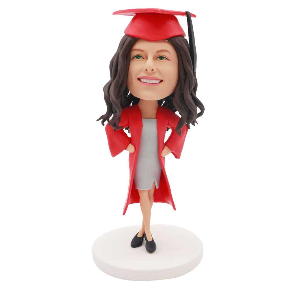 Custom Female Graduation Bobbleheads In Red Gown