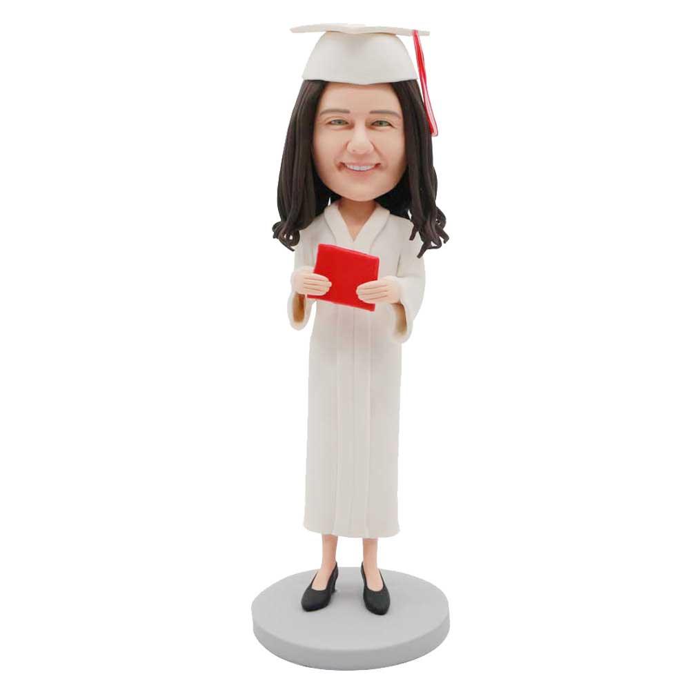 Custom Female Graduation Bobbleheads In White Gown