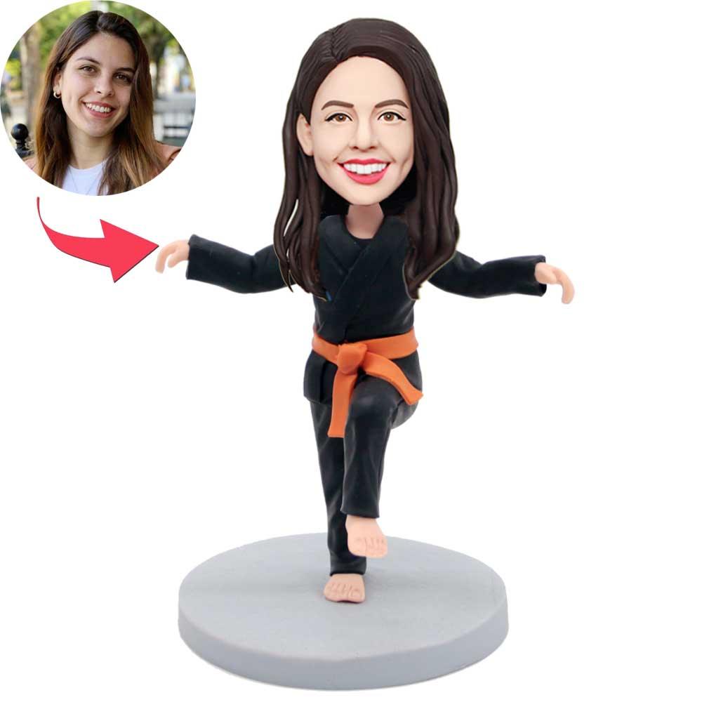 Custom Female Karate Bobbleheads In Black Karate Suit