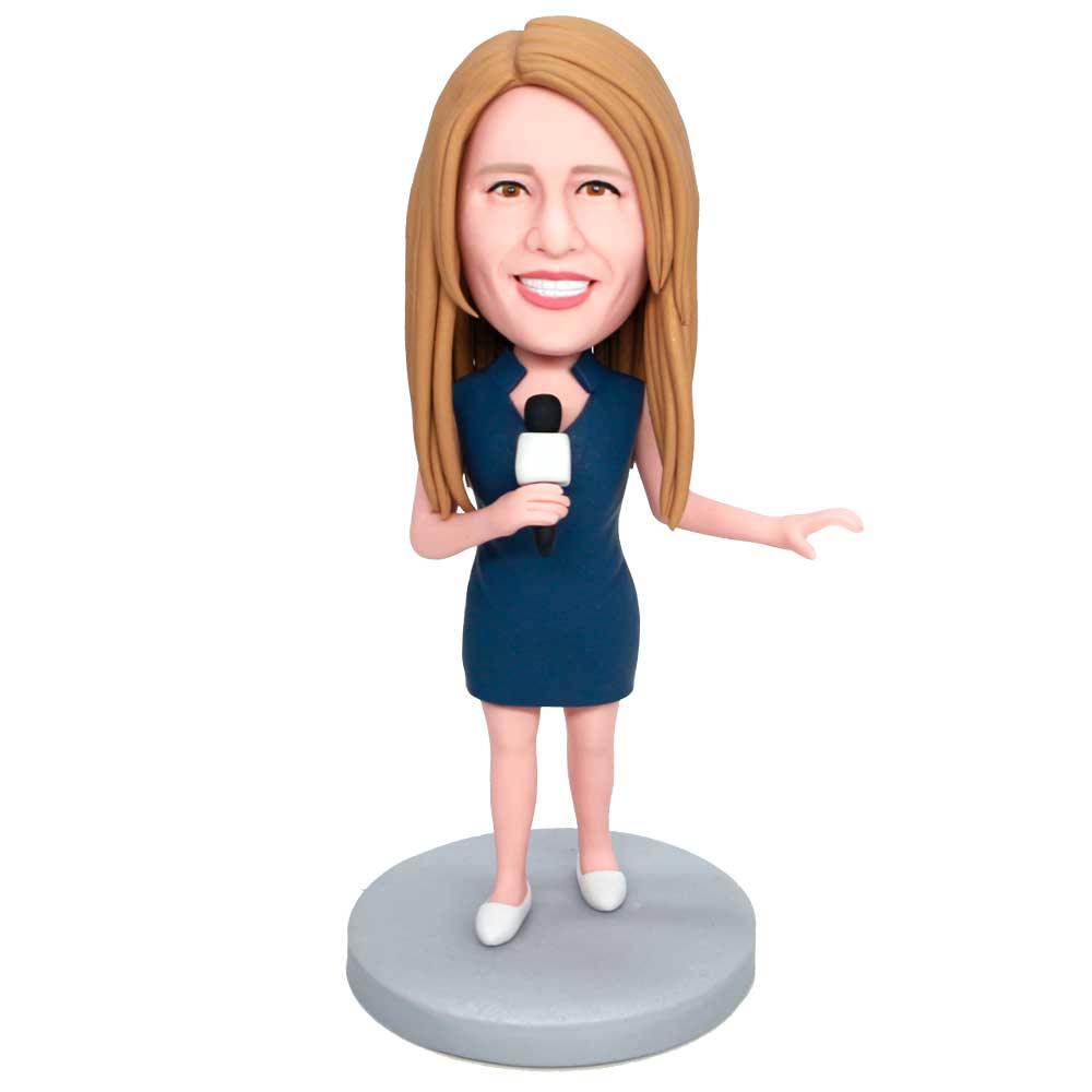 Custom Female Reporter Bobbleheads In Blue Skirt With Microphone