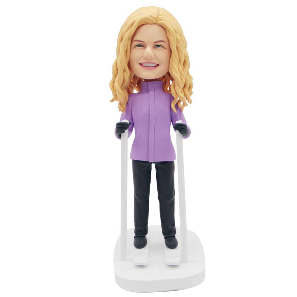 Custom Female Skier Bobbleheads In Purple Coat