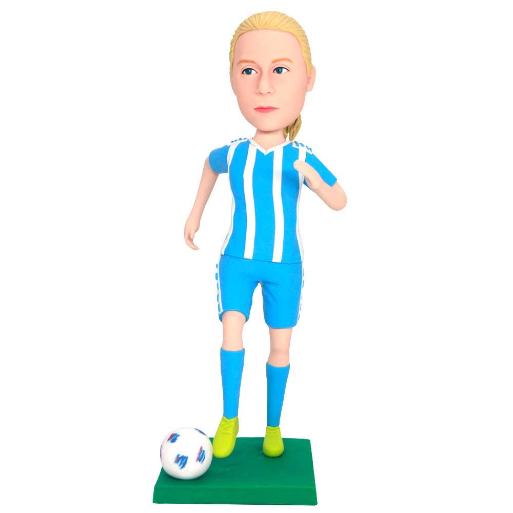 Custom Female Soccer Player Bobbleheads In Blue Sportswear