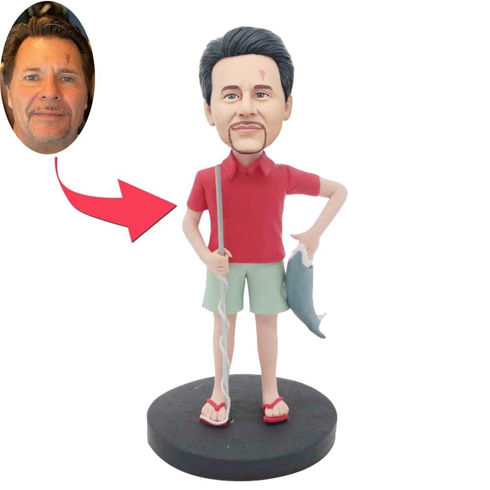 Custom Fishing Male Bobbleheads In Red T-shirt Holding Rod And Fish