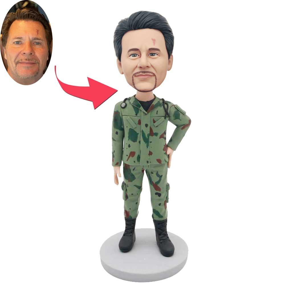 Custom Handsome Male Military Doctor Bobbleheads In Camouflage With Stethoscope