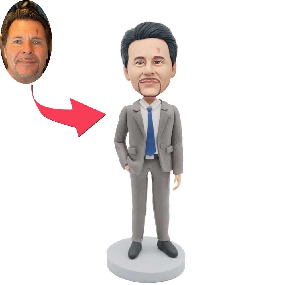 Custom Handsome Male Office Best Boss Bobbleheads In Grey Suit