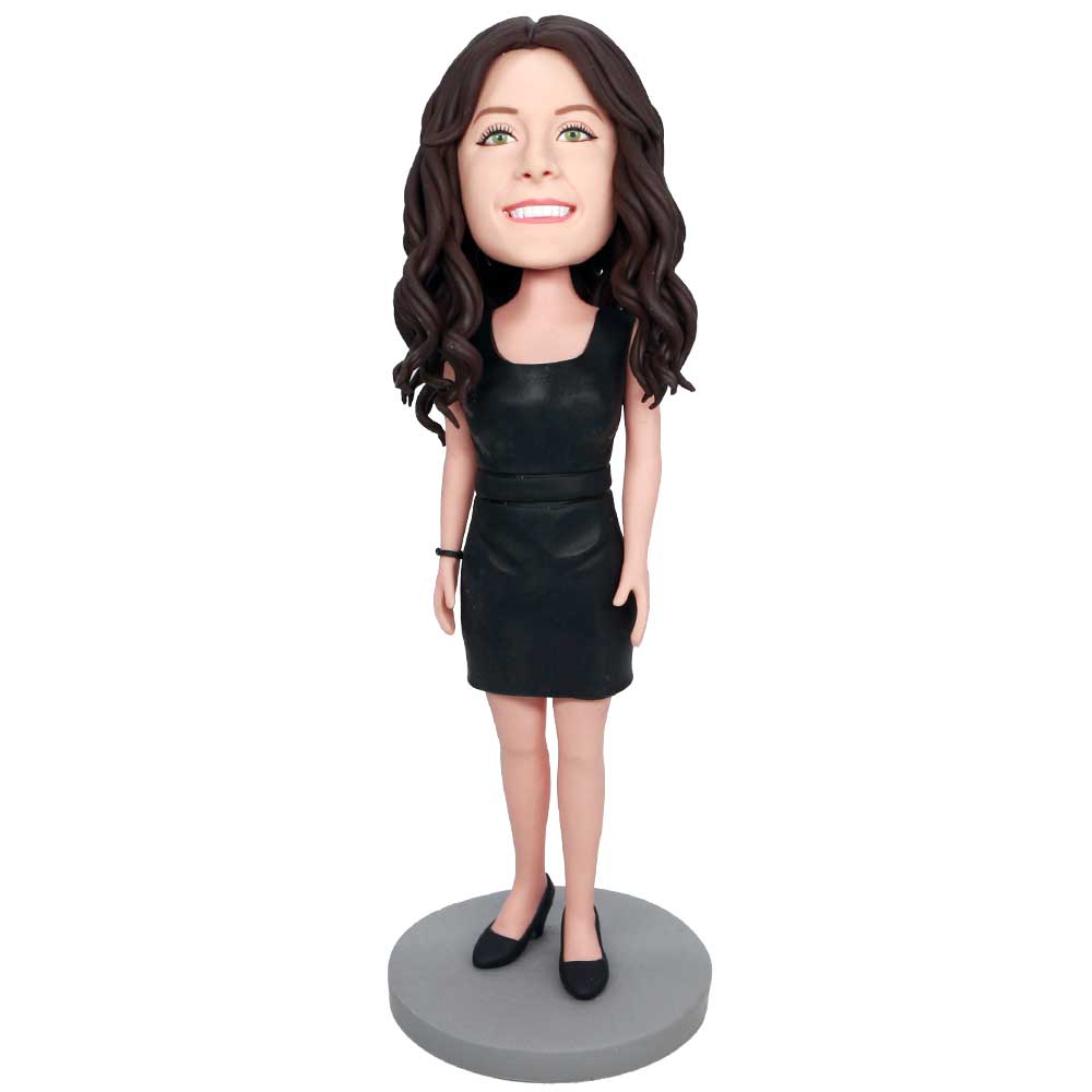 Custom Happy Female Bobbleheads In Black Tight Skirt