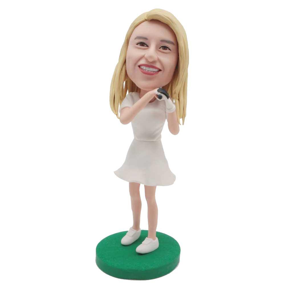 Custom Happy Female Golfer Bobbleheads In White Dress Suit