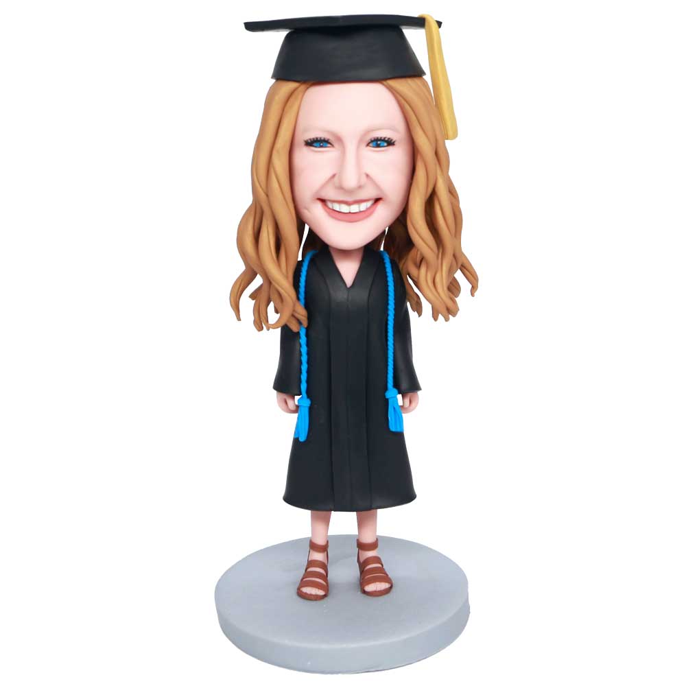Custom Happy Female Graduation Bobbleheads In Black Gown And Blue Ribbon