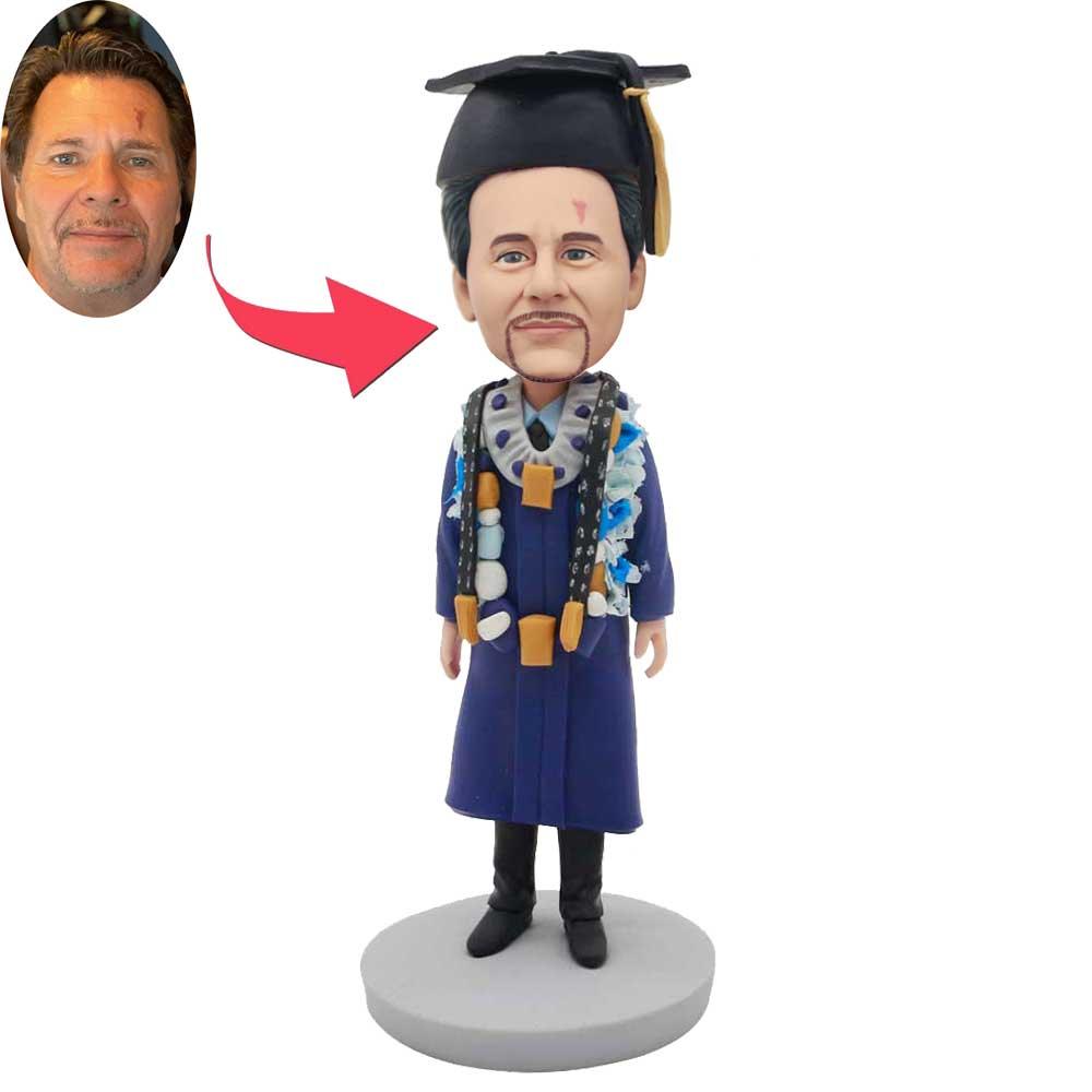Custom Happy Male Graduation Bobbleheads In Dark Blue Gown And Garland