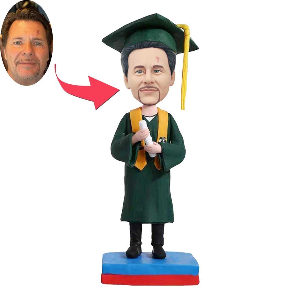 Custom Happy Male Graduation Bobbleheads In Dark Green Gown