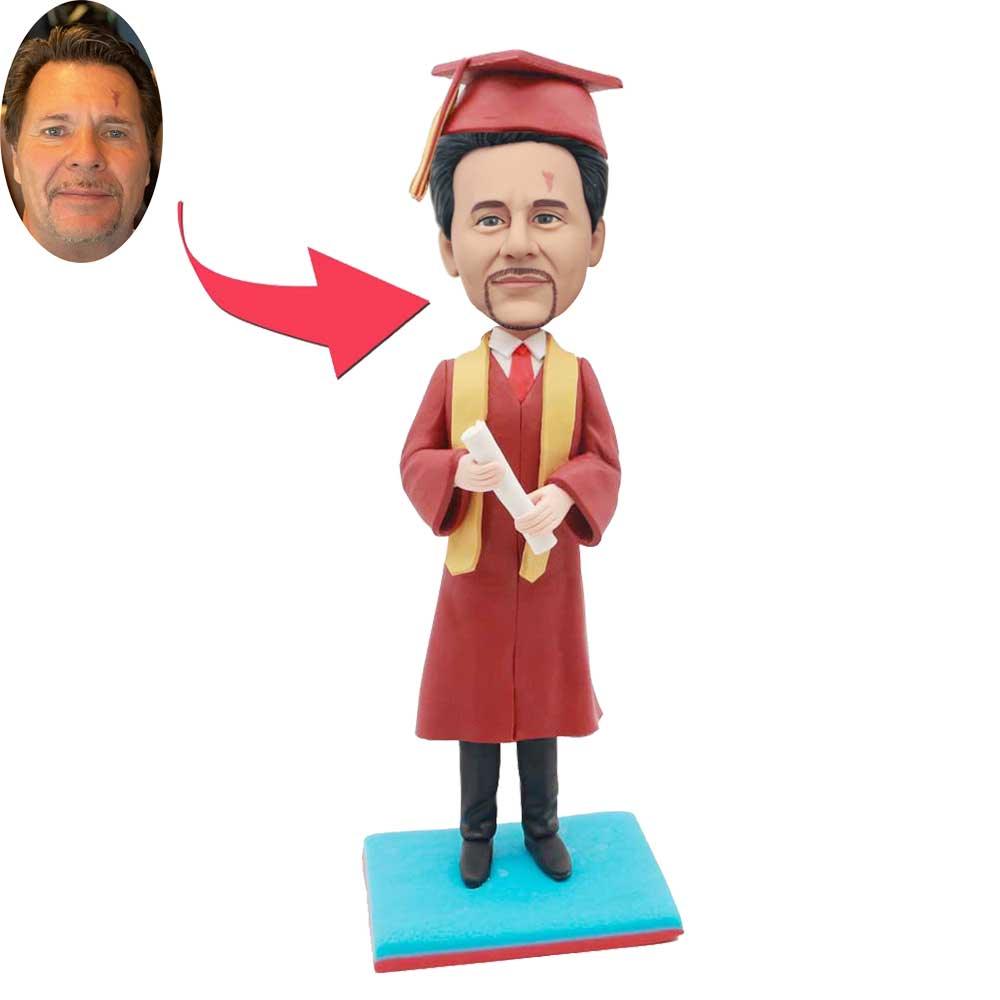Custom Happy Male Graduation Bobbleheads In Red Gown And Yellow Ribbon