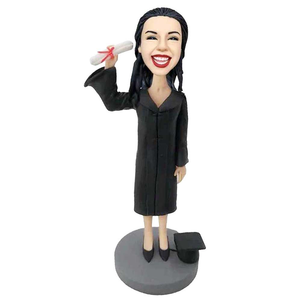 Custom Happy Top College Female Graduation Bobbleheads In Black Gown