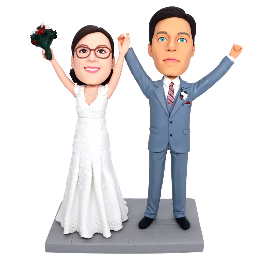 Custom Happy Wedding Bobbleheads Bride And Groom Raise Their Hands