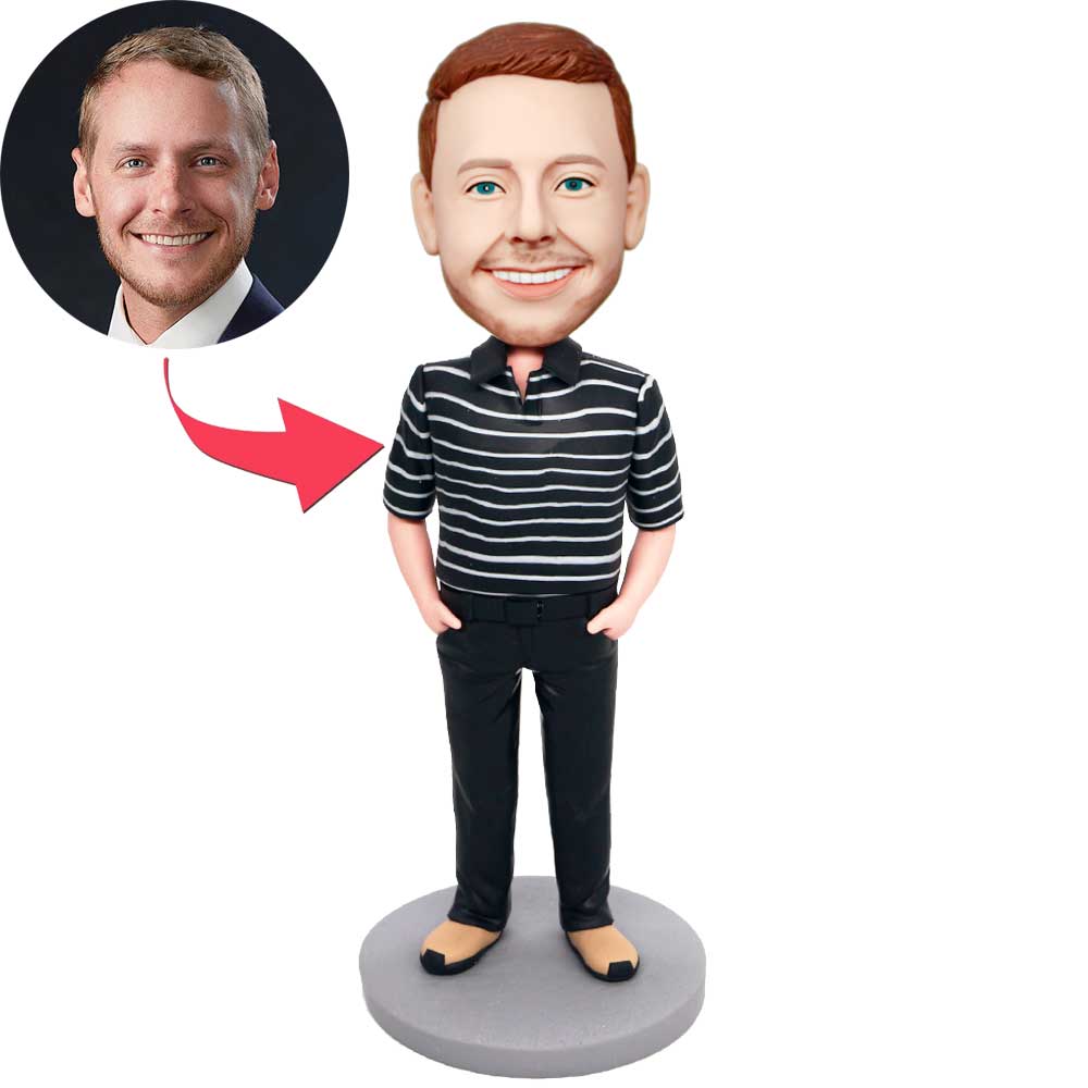 Custom Male Bobbleheads In Black Striped T-shirt