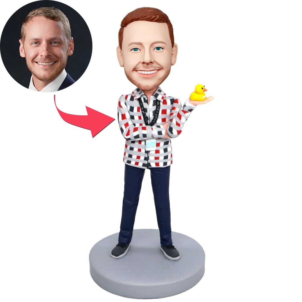 Custom Male Bobbleheads In Plaid Shirt Holding A Duck Toy