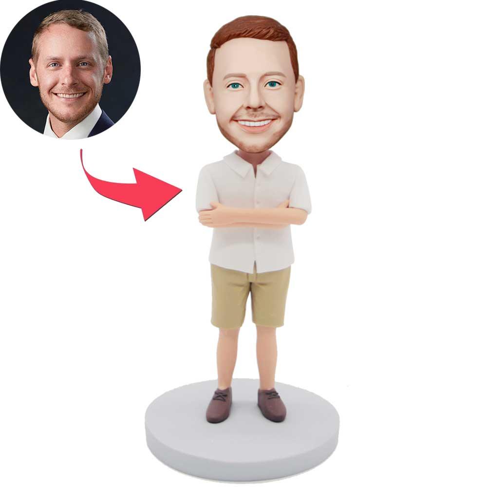 Custom Male Bobbleheads In White T-shirt And Chest With Arms