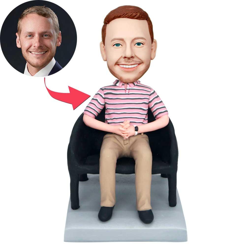 Custom Male Boss Bobbleheads In Pink Striped T-shirt Siting On The Chair