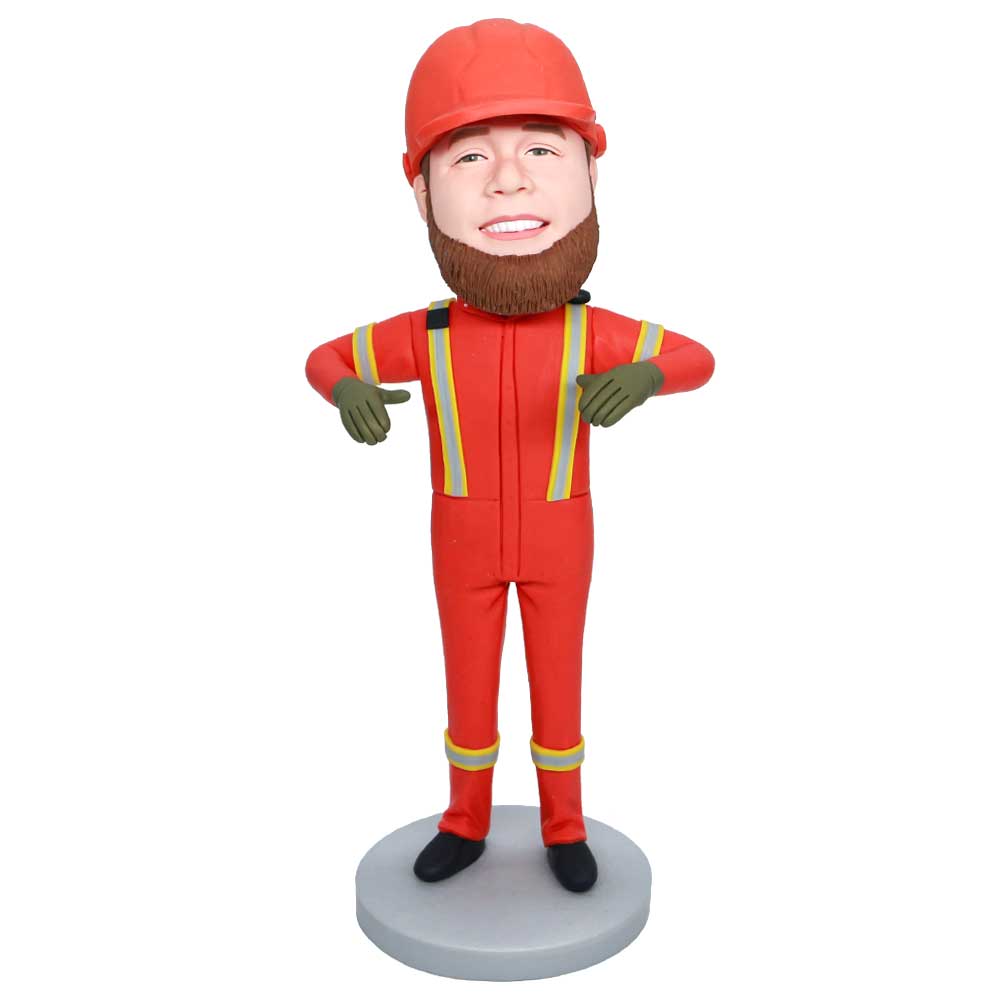 Custom Male Construction Worker Bobbleheads In Orange Overall