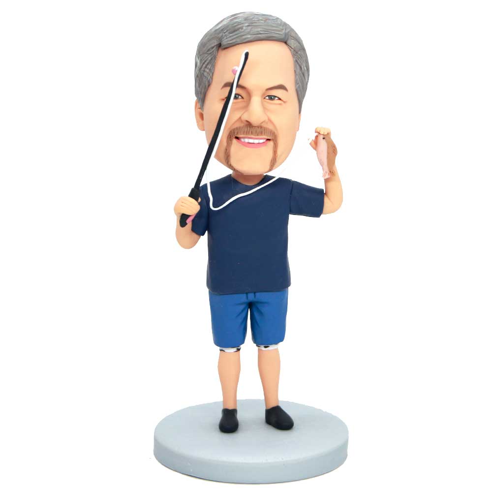 Custom Male Fisherman Bobbleheads In Dark Blue T-shirt Holding A Fishing Rod