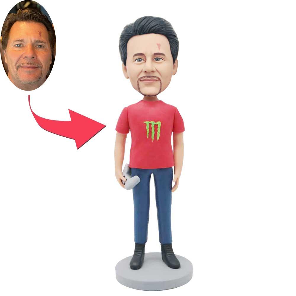 Custom Male Gamer Bobbleheads In Red T-shirt With Gamepad