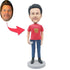 Custom Male Gamer Bobbleheads In Red T-shirt With Gamepad