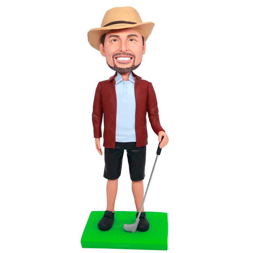 Custom Male Golfer Bobbleheads In A Red Coat With Golf Club