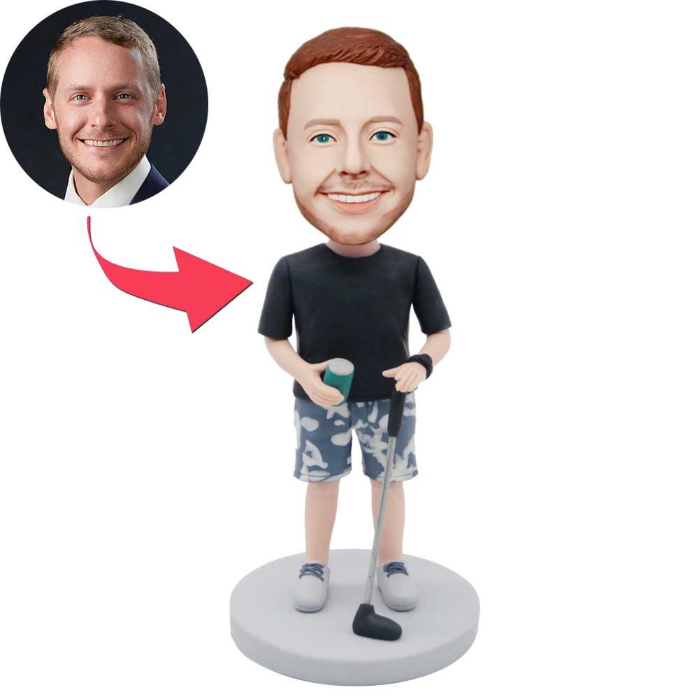 Custom Male Golfer Bobbleheads In Black T-shirt Holding A Golf Club