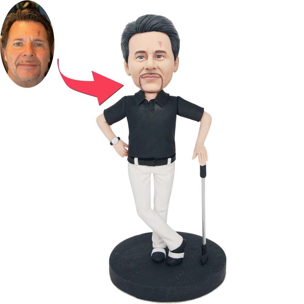 Custom Male Golfer Bobbleheads In Black T-shirt Leaning on Golf