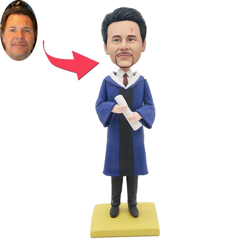 Custom Male Graduation Bobbleheads In Dark Blue Gown Holding A Diploma