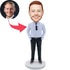Custom Male Office Staff Bobbleheads In Light Blue Shirt And Hands In Pockets