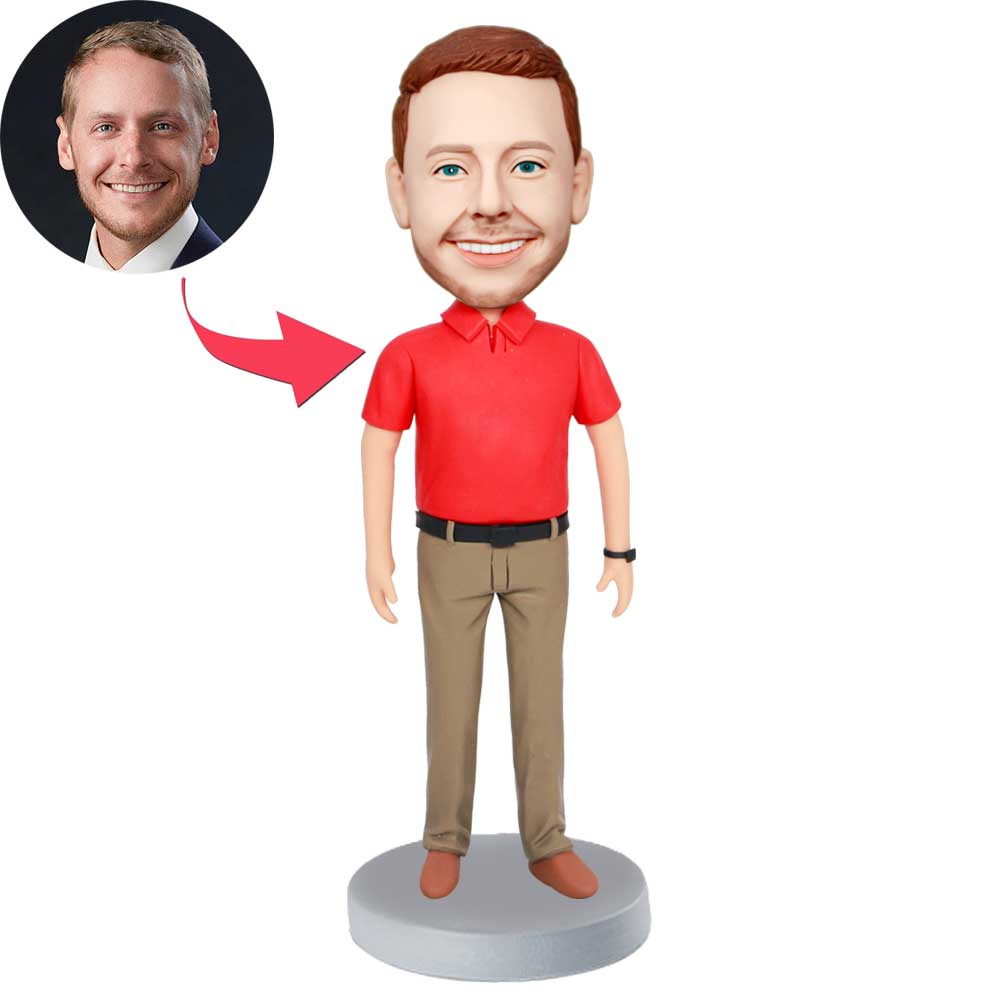 Custom Male Office Staff Bobbleheads In Red Polo Shirt