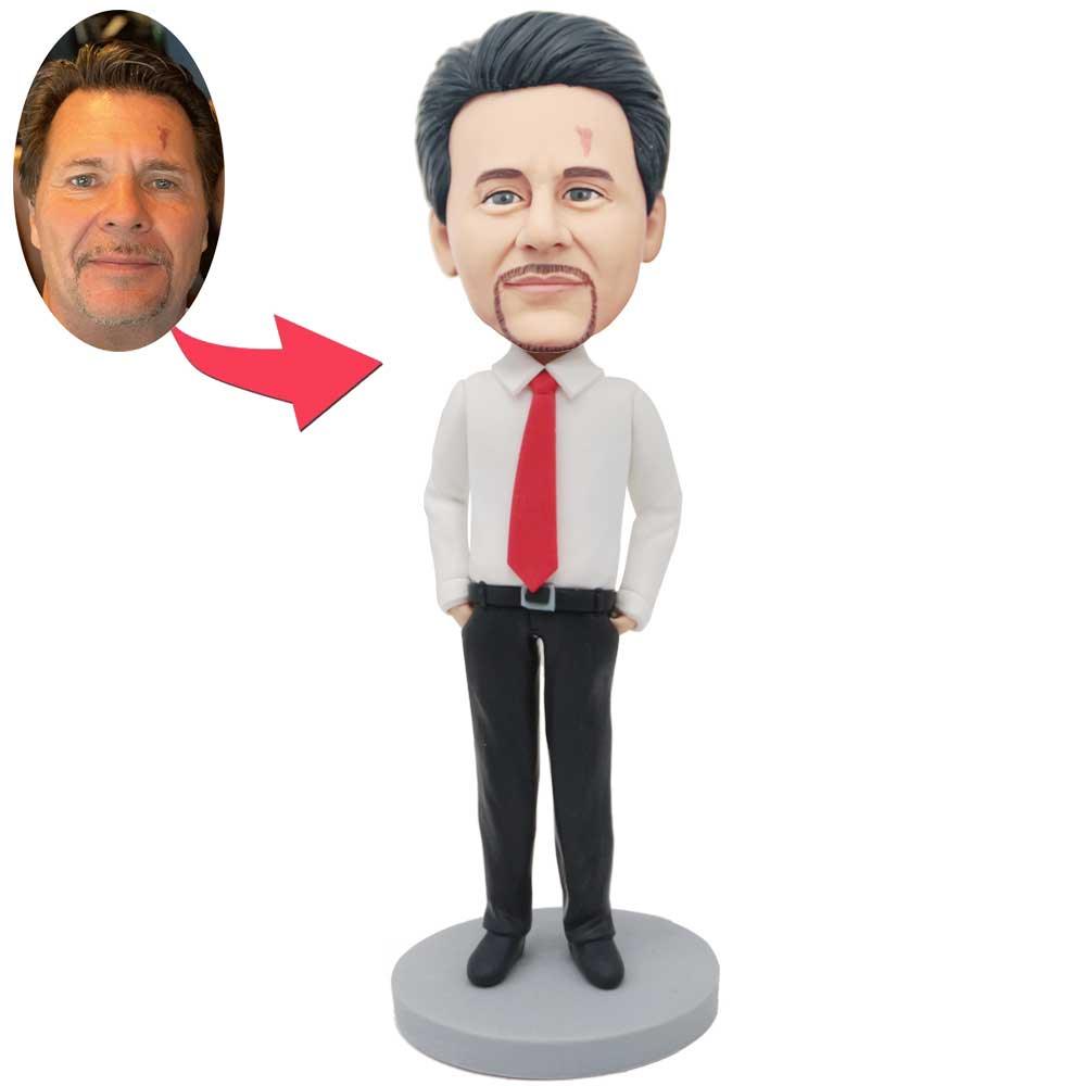 Custom Male Office Staff Bobbleheads In White Shirt And Hands In Pockets