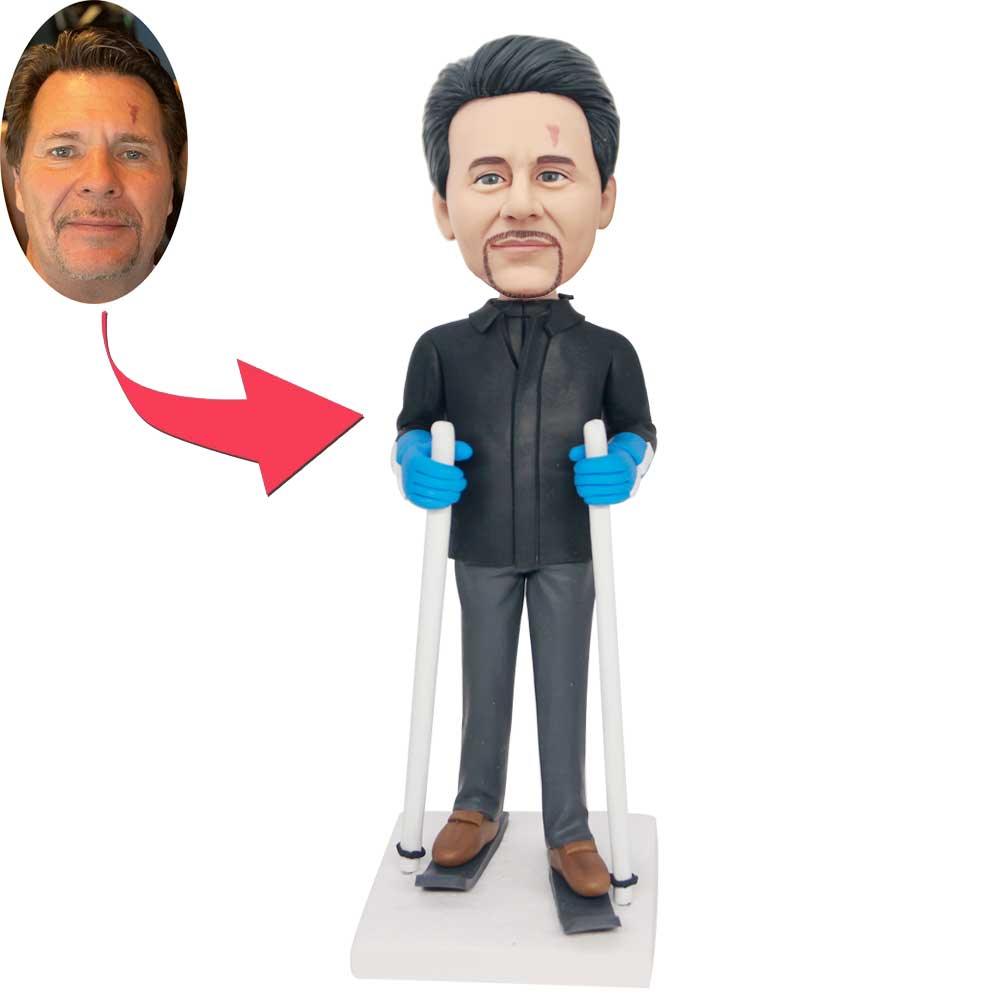 Custom Male Skier Bobbleheads Skiing On Ice