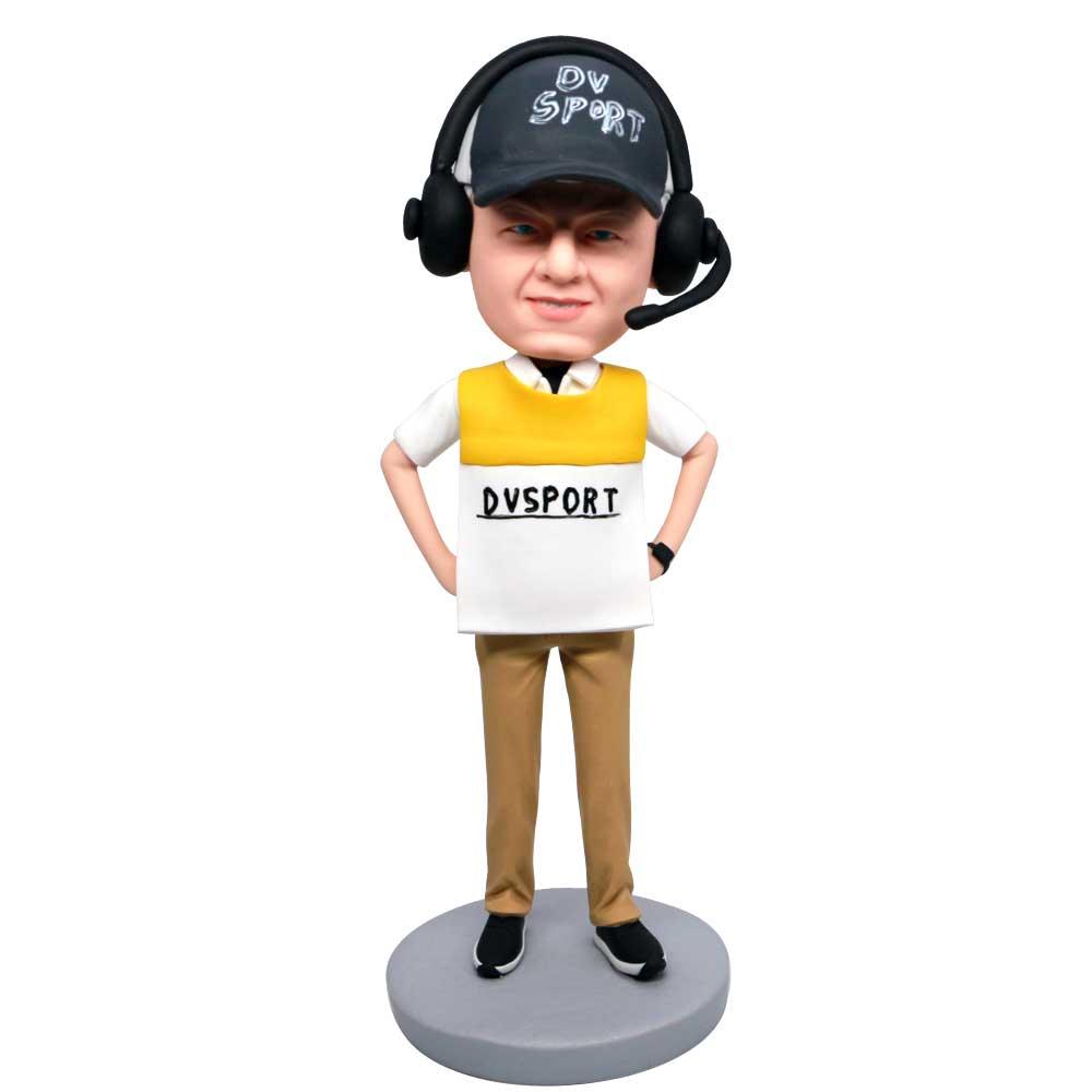 Custom Male Soccer Commentator Bobbleheads Hands On Hips