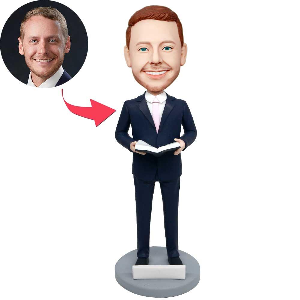 Custom Male Teacher Bobbleheads In Dark Blue Suit With A Book