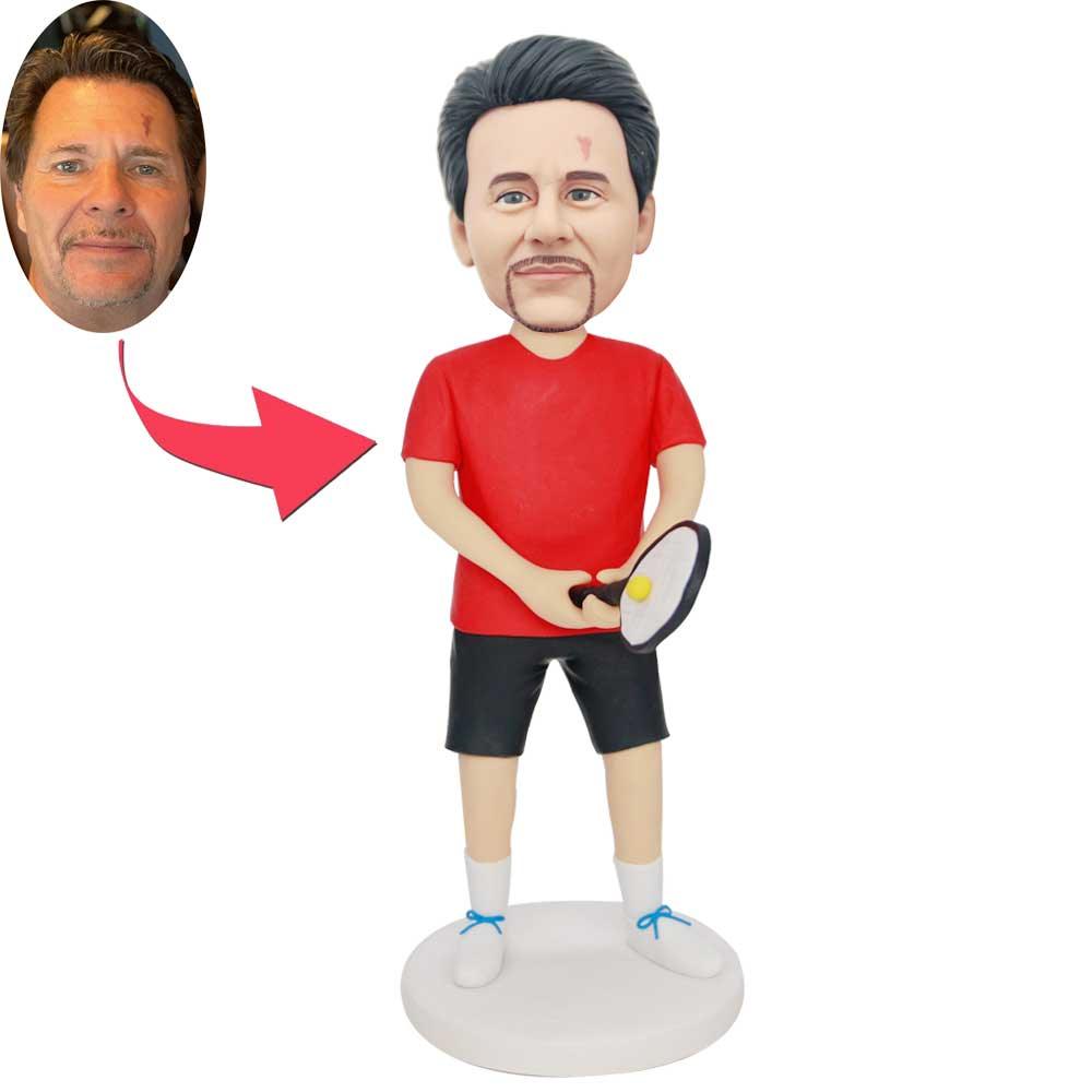 Custom Male Tennis Player Bobbleheads In Red T-shirt Holding A Tennis Racket