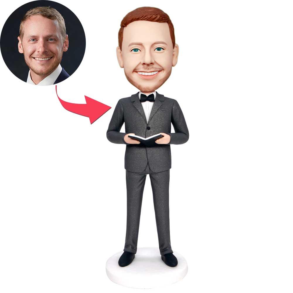 Custom Male Wedding Officiant Bobbleheads In Grey Suit
