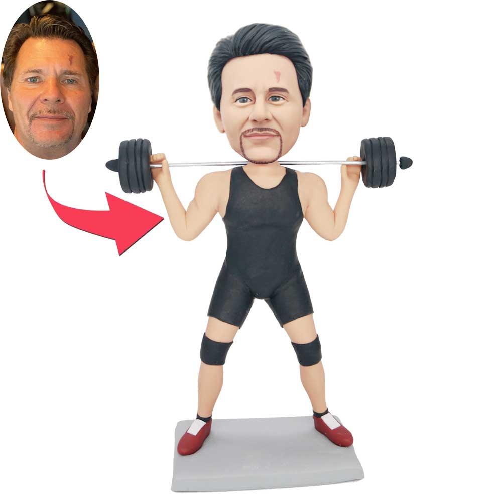 Custom Male Weight Lifter Bobbleheads In Black Vest With Barbell