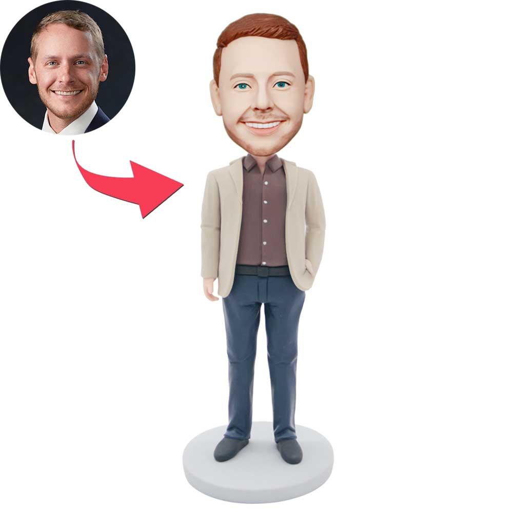 Custom Office Male Bobbleheads In Suit And One Hand In Pocket