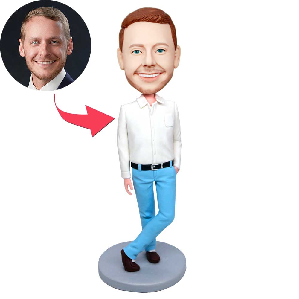 Custom Office Male Bobbleheads In White Shirt And Blue Jeans
