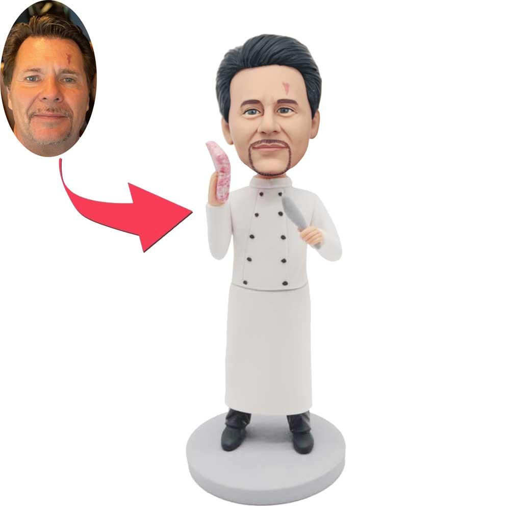 Custom Professional Male Cook Bobbleheads In Chef Uniform Holding Knife And Beef