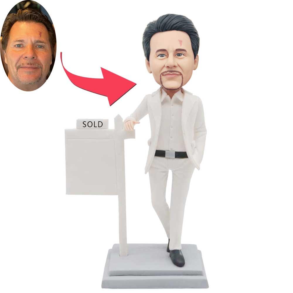 Custom Professional Male Real Estate Realtor Bobbleheads In White Suit