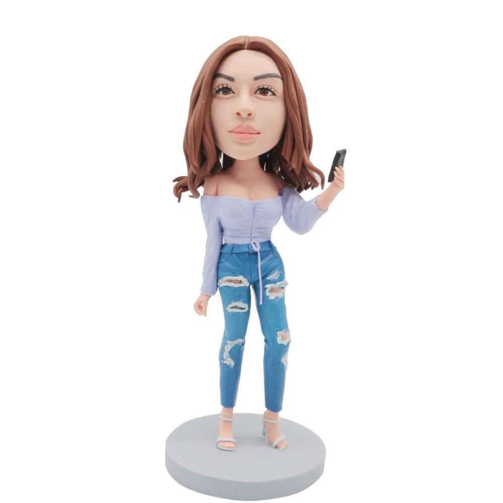 Custom Sexy Female Bobbleheads In Flat Shouders Shirt And Hole Pants