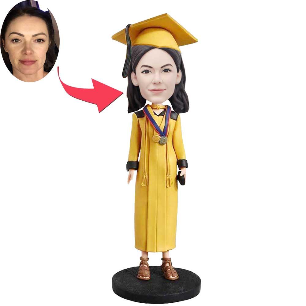 Custom Smart Female Graduation Bobbleheads In Yellow Gown
